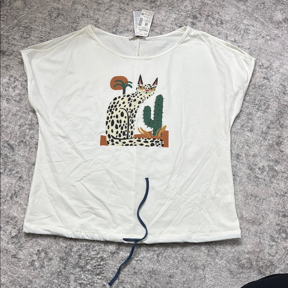White Graphic Tee with Leopard and Cactus Design